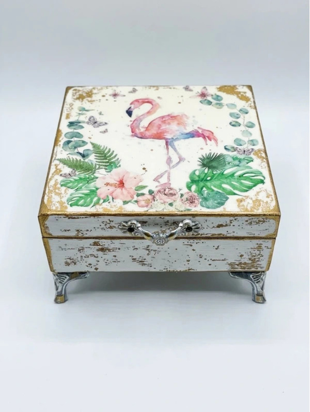 Flamingo Tropical Floral Jewelry Trinket Box Footed Distressed Wood 5x5